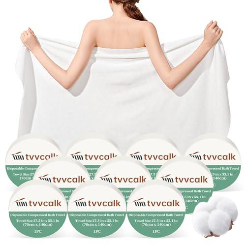 Tvvcalk 9 Pcs Large Compressed Towels, 55" x 27.5" Ultra Soft 100% Cotton Disposable Bath Towels, Portable Disposable Towel Reusable Travel Towel for Hotel Camping Hiking Sports Gym Beach Swimming