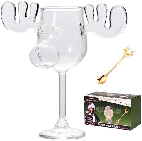 XUANDOH Christmas Eggnog Moose Mug, Clear Thick Cute Glass Coffee Mug, Vacation Movie Moose Christmas Gift Drinking Cup for Friend Birthday Holiday (High Footed Glass)