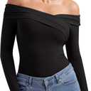 PINKMSTYLE Sexy Mesh Off The Shoulder Bodysuits For Women Double Lined Long Sleeve Bodysuit Going Out Tops (Black, L)