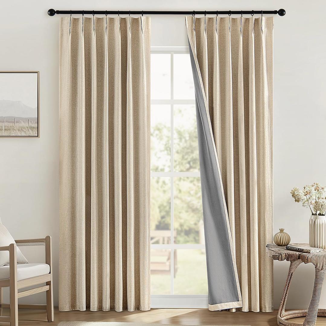 MIULEE Linen Pinch Pleated 100% Blackout Curtains for Bedroom 96 Inch Long 2 Panels Set - Back Tab Track Black Out Curtain for Living Room Darkening Triple Pleat Drapes with Hooks, Oatmeal
