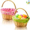 JOYIN 2 Pcs Easter Rattan Wicker Basket with Liner, Fruit Storage Serving Willow Woven Baskets with Handles, Empty Gift Basket for Kids Easter Egg Hunt & Picnic