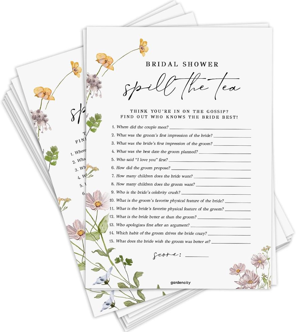 5 x GardenCity Spill the Tea Bridal Shower Game, 50 Cards, Wildflower