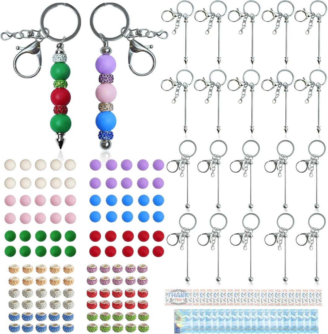 LEIOSAGN 180pcs Silver DIY Beadable Keychains Making Kit with 120pcs15mm Silicone Beads and Spacer Beads, 20 Blank Beadable Keychain Bars in 2 Shapes, 20 Thank You Cards, 20 Resealable Pouch Bag