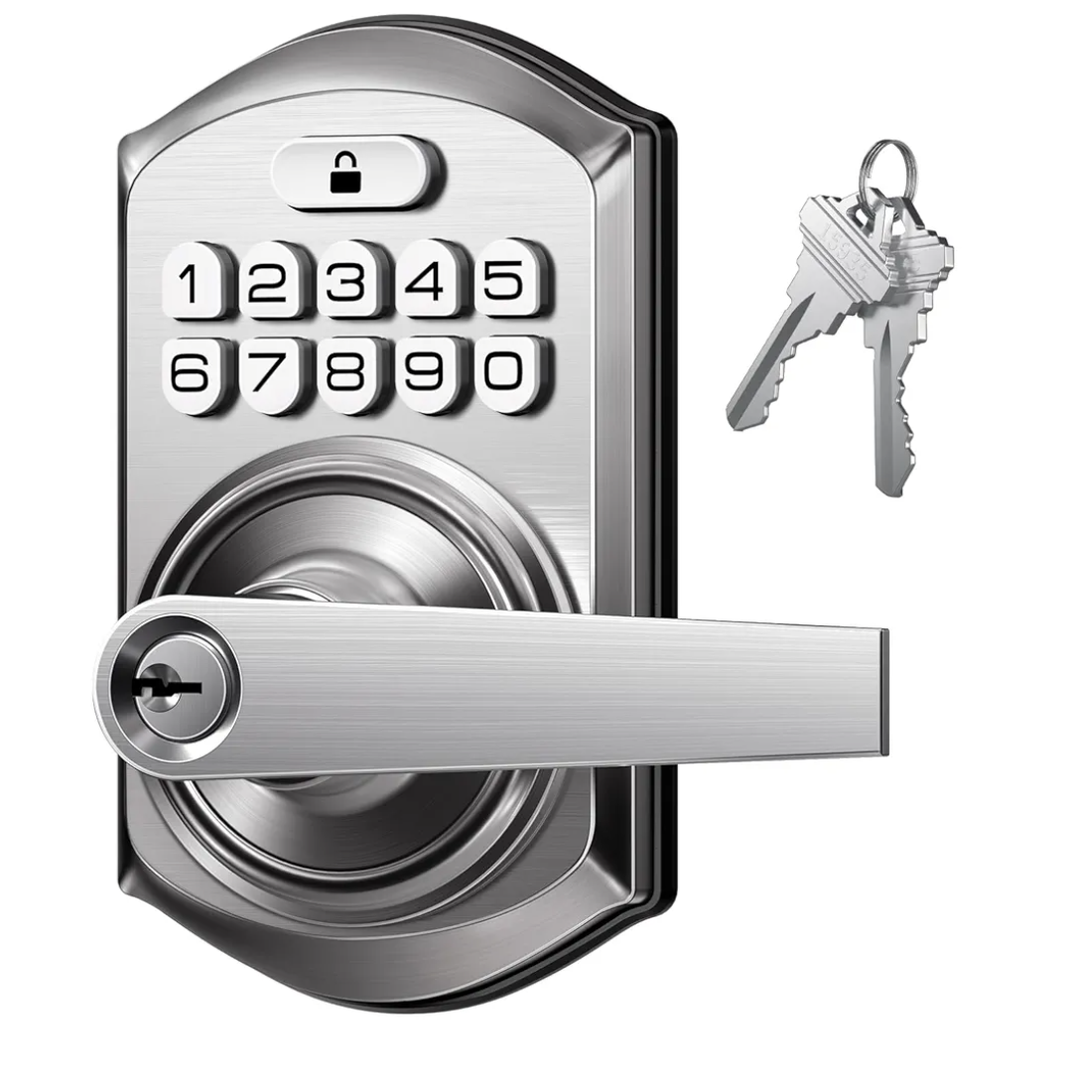 TEEHO TE004 Keyless Entry Keypad Door Lock with Handle - Smart Digital Electronic Lock for Interior Door with Anti-Peeping, Auto Lock & Passage Mode - Easy Installation - Satin Nickel