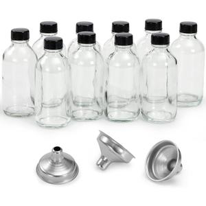 9 Pack, 4 oz Small Clear Glass Bottles w/Lids & 3 Stainless Steel Funnel - 120ml Boston Round Sample Bottle for Potion, Juice, Ginger Shot, Wellness, Oils, Whiskey, Liquids - Leakproof Travel Bottle