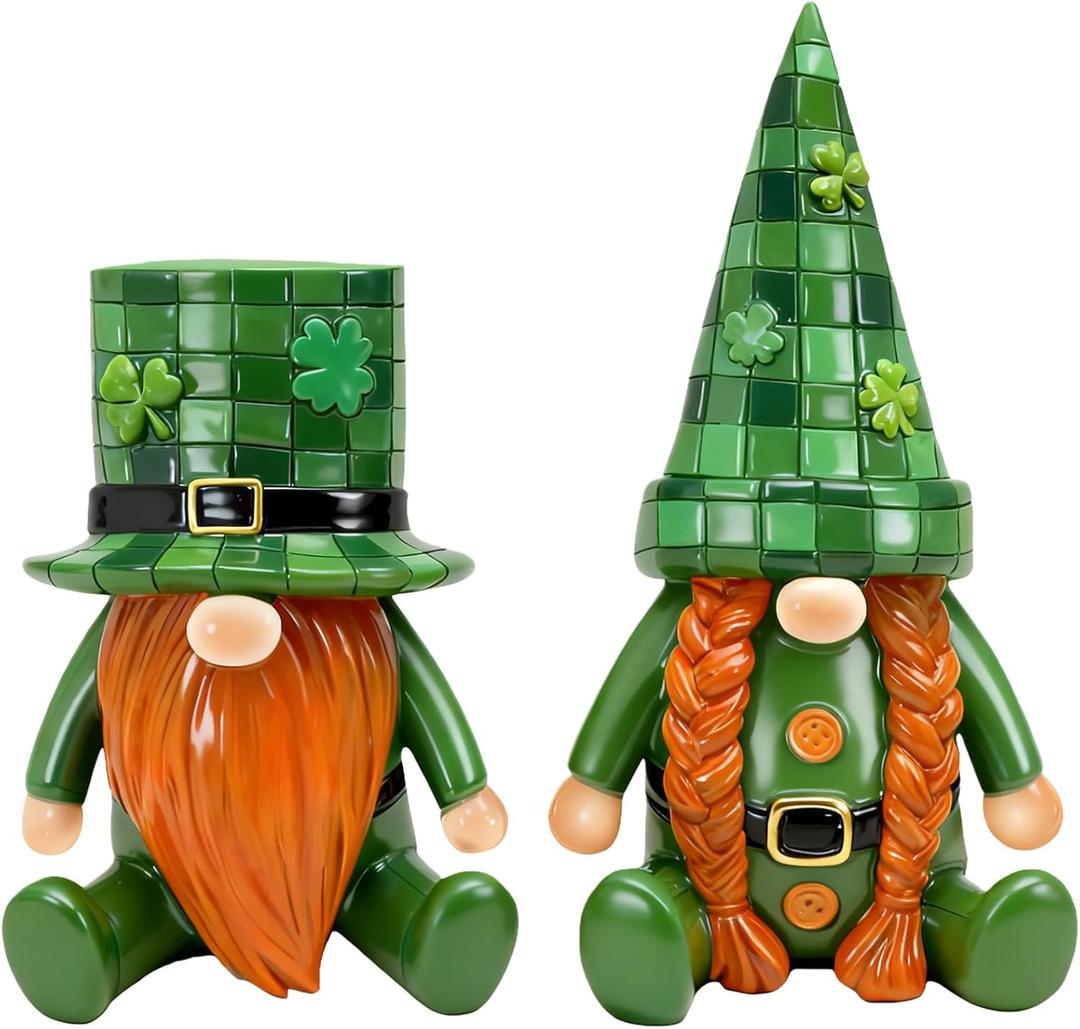 St Patricks Day Decorations Gnomes Figurines - 2Pcs Resin Irish Green Grid Hats Lucky Shamrock Saint Leprechaun for Home Office Table Decor