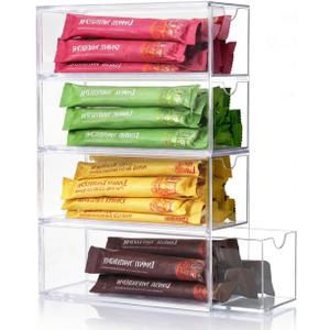 Drink Packet Organizer, Water Packet Holder with 4 Clear Drawers, Clear Acrylic Drink Mix Holder, Kitchen Storage Organizers for Kitchen Bins Cabinets Organizer