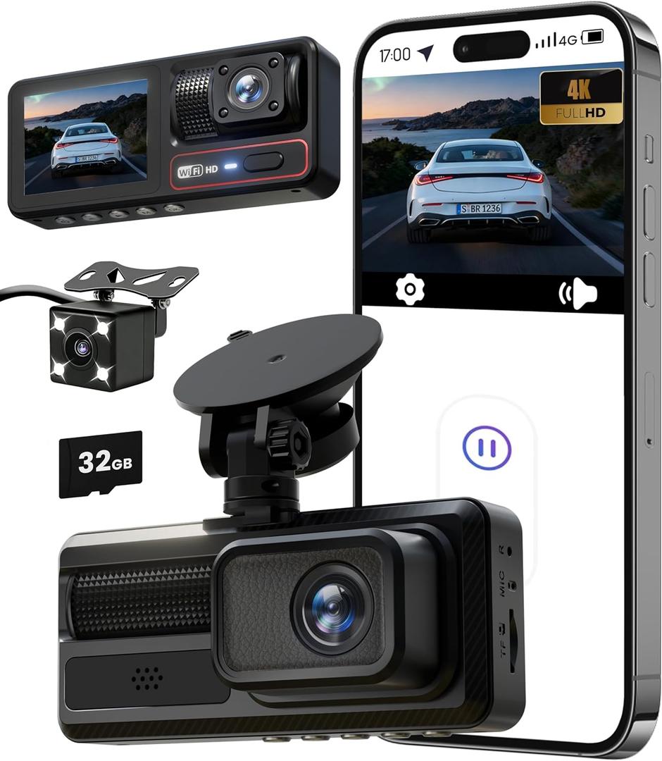 3 Channel Dash Camera for Cars,Capture Crisp 4K+1080P+1080P, Features 5G WiFi & App Control, Night Vision,24H Parking Mode,Loop Recording,170 Wide Angle,32GB Card Included(Black)