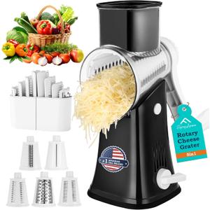 APSARAS USA Cheese Grater Hand Crank, Rotary Cheese Grater, 5 in 1 Rotary Grater, Cheese Shredder Replaceable Stainless Blades with Strong Suction Base, Easy to Clean Kitchen Gadgets with Storage Box (Black)