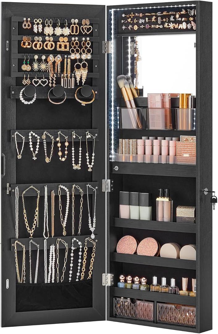SONGMICS Jewelry Cabinet Armoire Organizer with LED Lights, Wall-Mounted Storage Cabinet with Full-Length Frameless Mirror, Built-in Makeup Mirror, 2 Drawers, Lockable, Black UJJC013B01, 42.5-Inch with Built-in Lighted Mirror