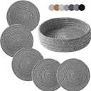 Trivets for Hot Dishes, Trivets for Hot Pots and Pans, Hot Pads for Countertops, Coasters 4 Pcs and Storage Basket 1 Pack, Pot Holders for Kitchen, Cotton Hot Mats Cooking Pad Protect Table (D Grey)