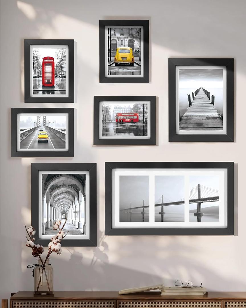 7 Pack Picture Frames Collage Wall Decor, Photo Frames Multi Sizes with 1PCS 17.13"x 9.13", 2PCS 8"x10", 4PCS 6"x8" Gallery Wall Frames Set for Wall Hanging or Tabletop Display, Black