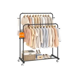 Laiensia Double Rods Garment Rack with Wheels, Clothing Rack for Hanging Clothes,4 Hooks, Multi-functional Bedroom Clothes Rack, Black