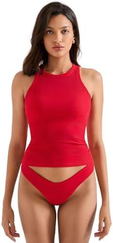 SUUKSESS Women Padded Cotton Ribbed Tank Tops High Neck Racerback Basic Tops, Red,  S