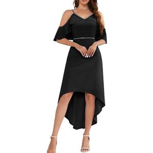 MUADRESS Women Prom Spaghetti Strap Flutter Sleeve V Neck Sparkly Midi Dress Elegant Flowy Ruffle Wedding Guest Bridesmaid Hi-Lo Dress Black L