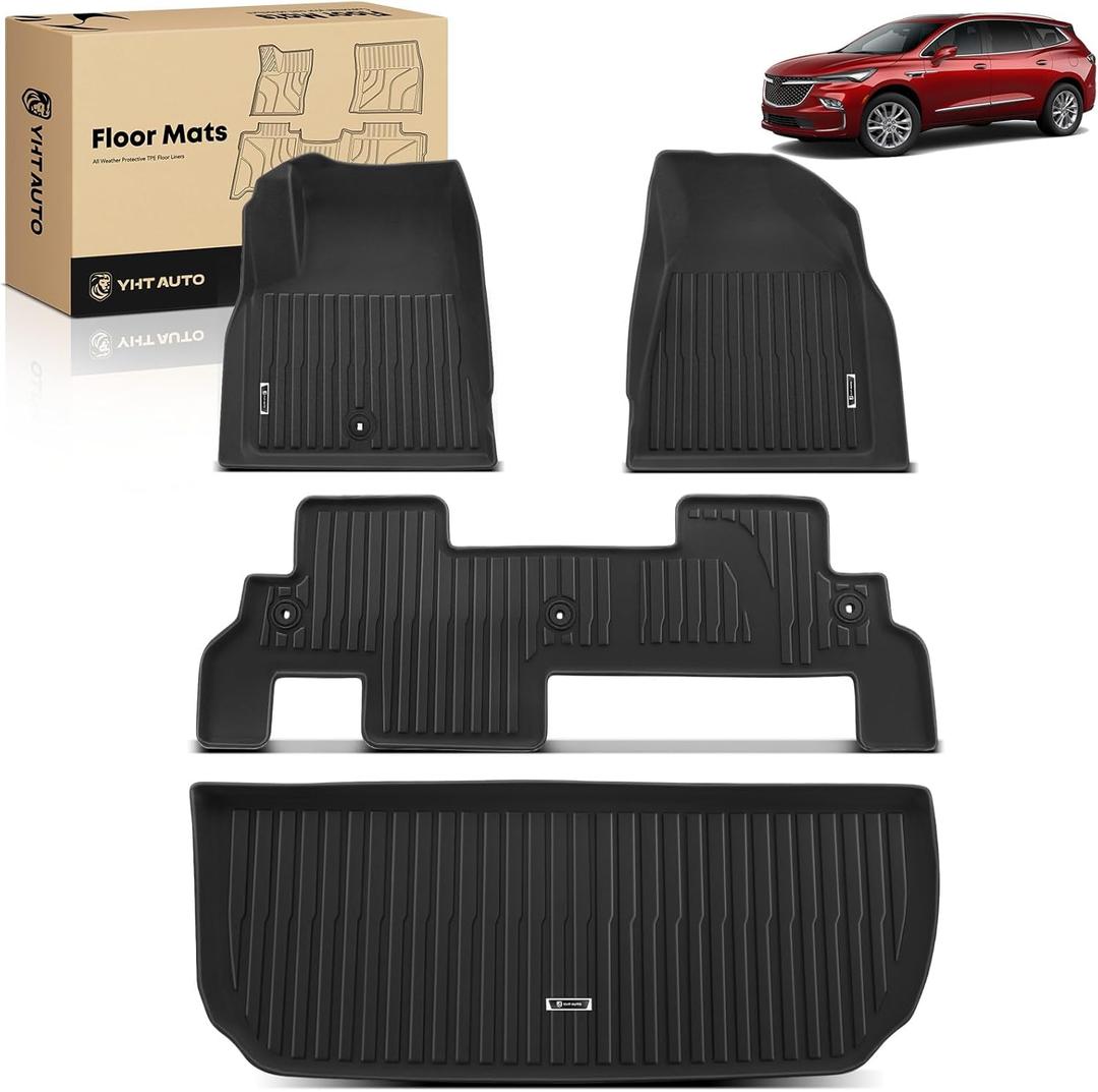 YHTAUTO Floor Mats & Cargo Mat Fit Buick Enclave 2008-2017 & Chevrolet Traverse 2009-2017 (with 2nd Row Bench Seats), TPE All Weather Car Mats Floor Liner, 1st & 2nd Row & Trunk Mat, Set of 4