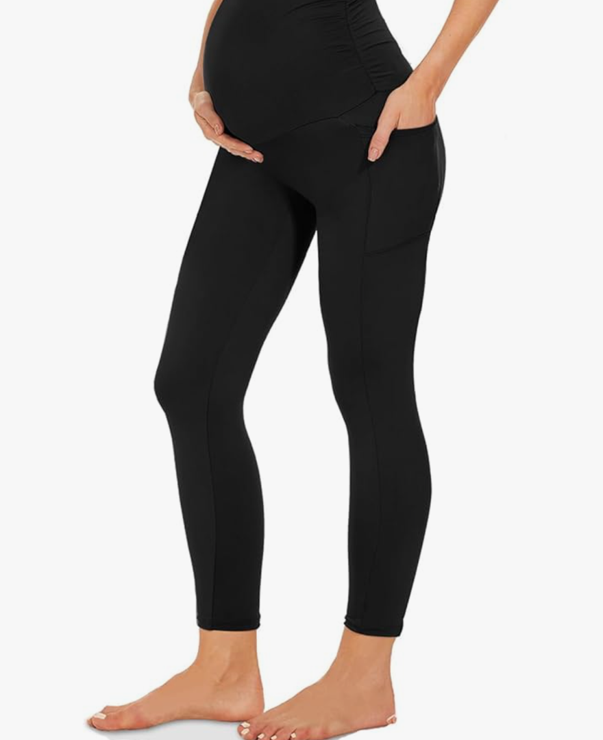 Stretchy Women Maternity Leggings, High Waist Yoga Pants with 2 Pockets for Comfort & Support and Daily Wear, Size M, Pack of 2 