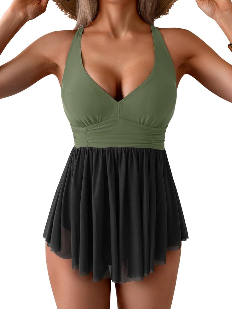 Women's One Piece Swim Dress Swimsuit Tummy Control Mesh Swimdress V Neck Bathing Suit Skirt Tie Back Swimwear (Army Greenblack), L