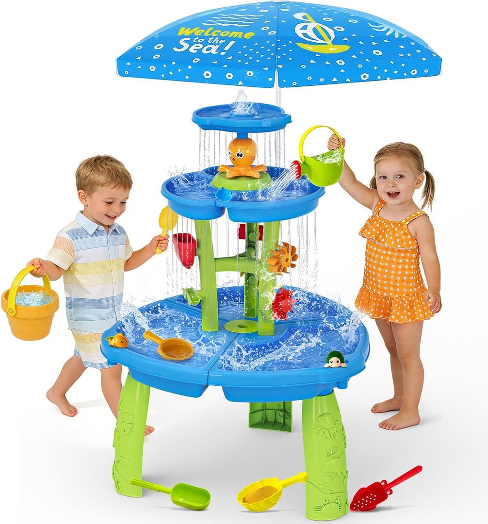 Handwell Water Table for Toddlers 3-5, 3-Tier Rain Showers Splash Pond Water Play Table with Umbrella & Water Toy Accessories, Kids Summer Outdoor Toys, Water Activity Sensory Playset for Boy Girls 3+, 34.64 inches