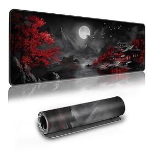Long Gaming Mouse Pad Extended Anime Large Desk Pad with Non-Slip Base Full Keyboard Mat with Stitched Edges for Gaming and Office 31.5 x 11.8 inches (Dark Night Full Moon)