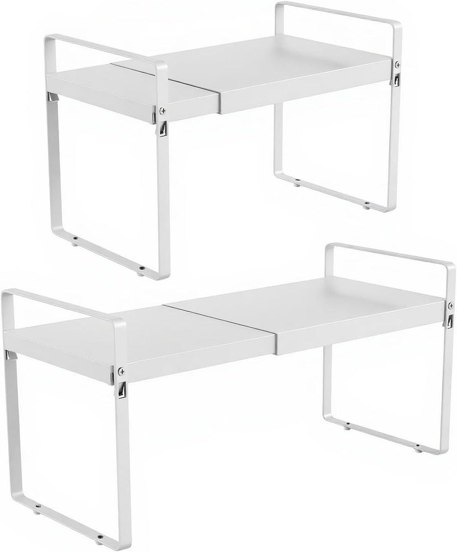 Expandable Cabinet Organizer Shelf Riser (14-25"), 11" Deep Heavy Duty Metal Cupboard Storage Rack for Kitchen Countertop & RV Pantry, 50 LBS Space Saver Shelving, White, 2 Pack