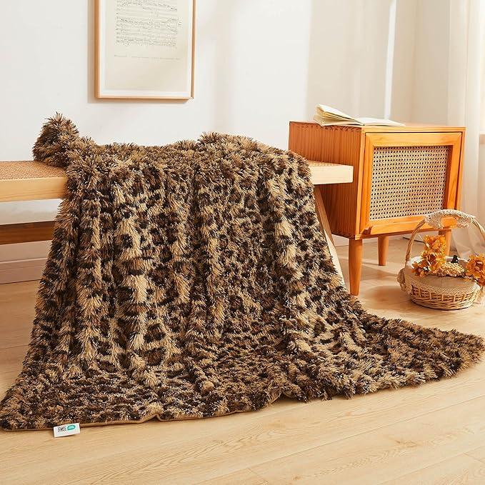 Luxury Faux Fur Leopard Print Throw, Soft 50x60 Cheetah Print Fluffy Blanket, Shaggy Plush Decorative Couch Throw, Cute Furry Fuzzy Animal Print Blanket for Sofa Bed, Brown