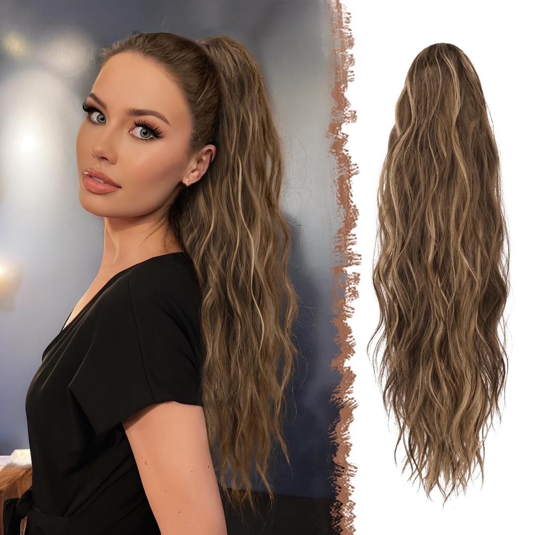 FESHFEN Ponytail Extensions, Long Claw Clip in Ponytail Hairpiece Synthetic Pony Tails Hair Piece Natural Wavy Hairpieces for Women, Golden Brown Mixed Blonde 25 inch