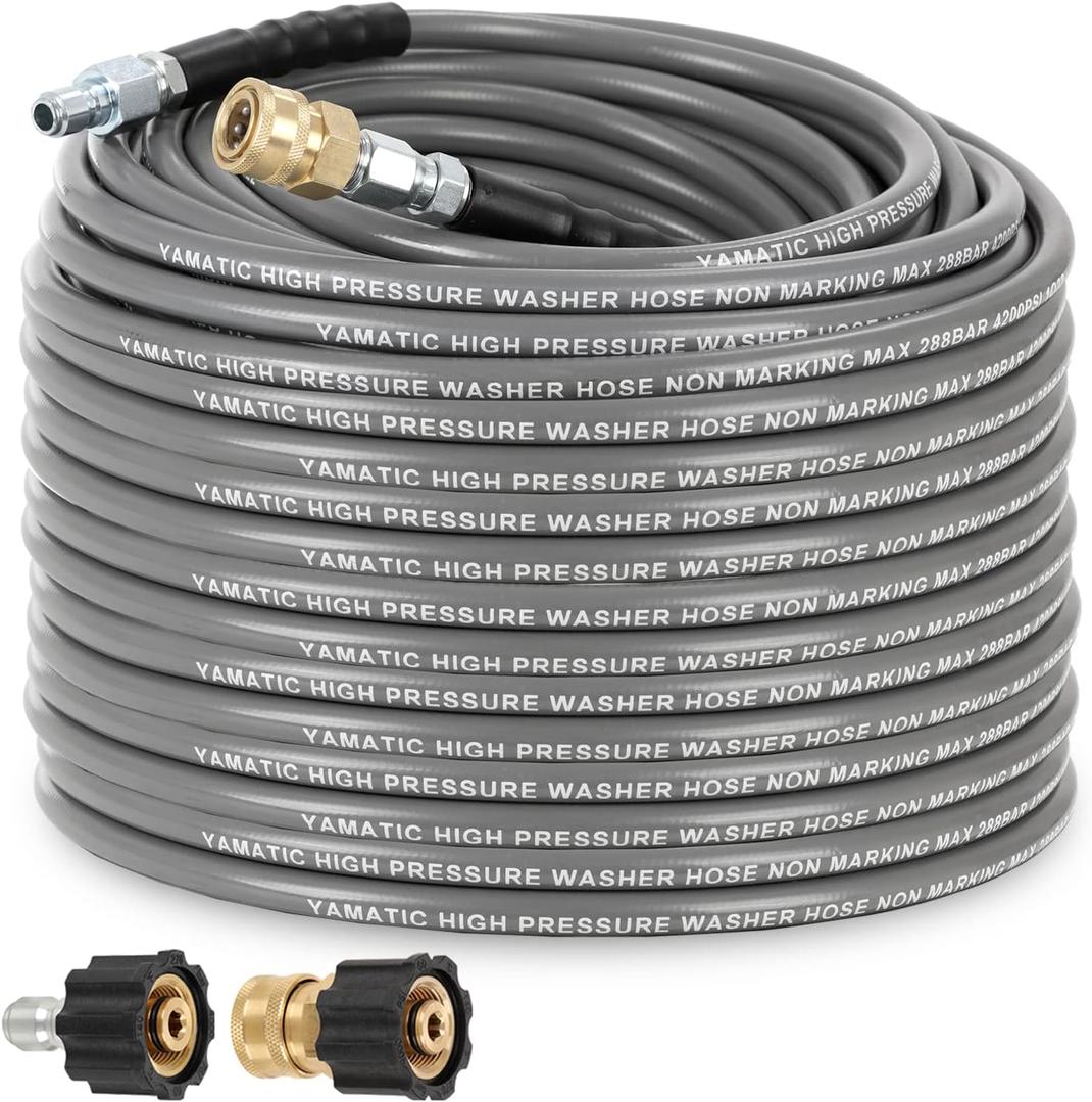 YAMATIC Non Marking 1/4" 4200 PSI Pressure Washer Hose 100 FT for Hot/Cold Water Rubber Wire Braided, Kink Resistant Swivel Quick Connection, Industry Grade for Power Washer, Super Wear Resistant (Gray)