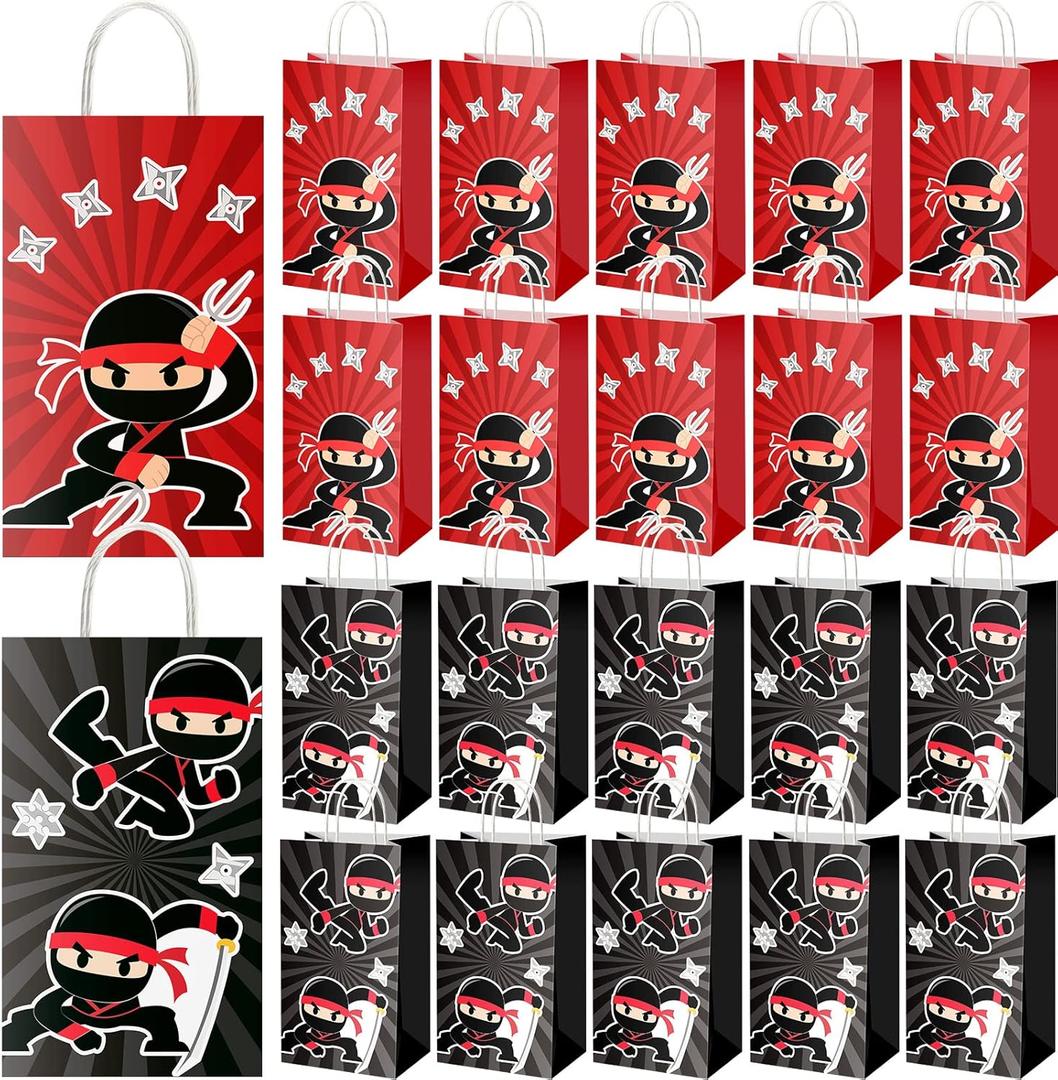 Gueevin 24 Pcs Ninja Party Favors Bags with Handles Ninja Birthday Party Decorations Candy Goodie Bags for Kids Boys Girls Karate Warrior Samurai Theme Decorations Supplies