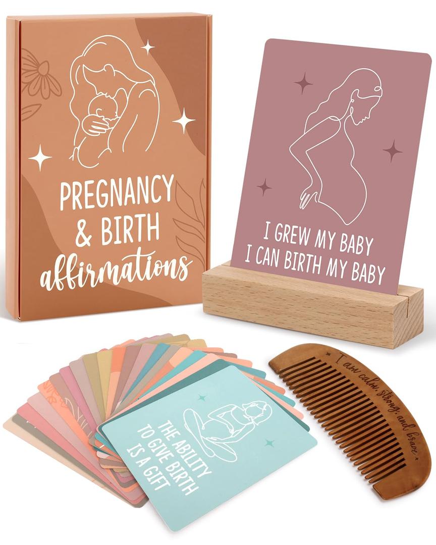Levfla Pregnancy and Birth Affirmation Cards with Wooden Engraved Labor Comb Production Encouragement Positive Push New Mom Gifts for Women After Birth Boho Style Gender Reveal Neutral Present