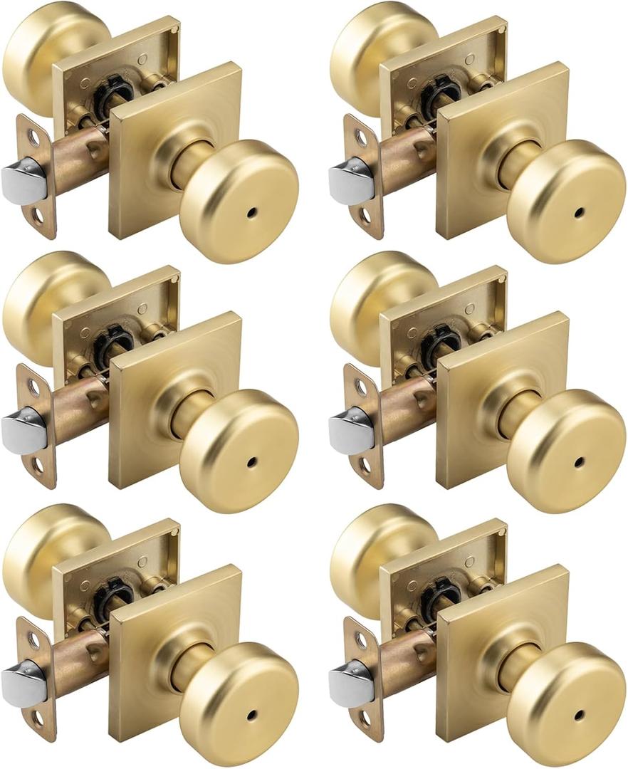 6 Pack Gold Interior Door Knobs for Bath & Bed, Pismo Doorknob Turn Lock with Square Rosette, Satin Brass Heavy Duty Door Knob with Lock