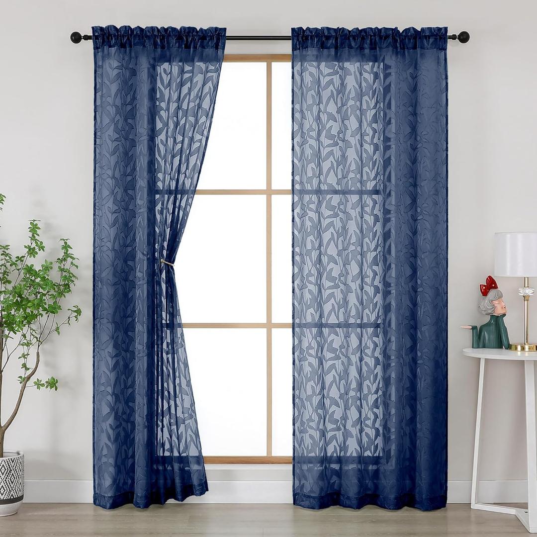 Gwine Navy Blue Curtains 84 Inches Long 2 Panels Set, Light Filtering Soft Lightweight Sheer Curtains, Leaf Clip Jacquard Textured Curtain for Bedroom Living Room, 42Wx84L Inches, 2PCS