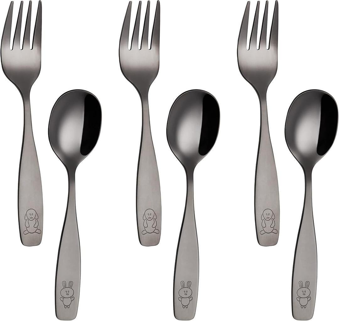 ANNOVA Kids Silverware Children's Safe Flatware Set Stainless Steel - Children Forks, Children Tablespoons, Toddler Utensils, Metal Cutlery Set for LunchBox (Black Gold, 6)
