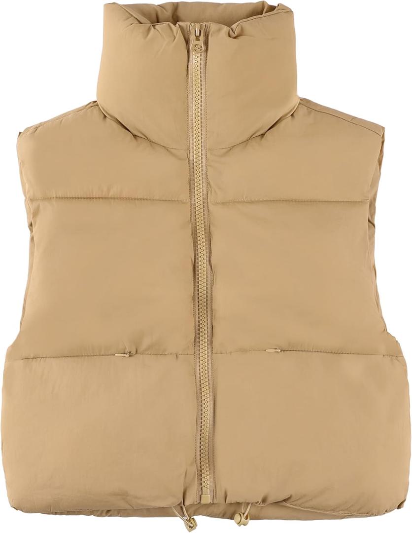 UANEO Cropped Puffer Vest Women Zip Up Stand Collar Sleeveless Padded Crop Puffy Vests (Small, Khaki)