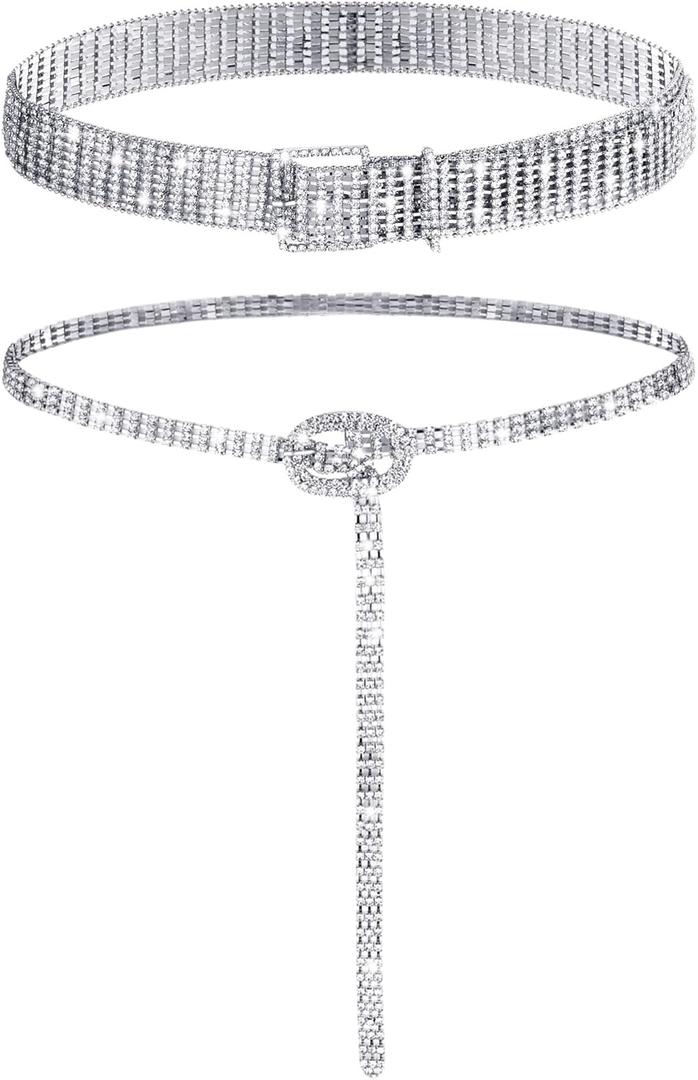 Geyoga 2 Pcs Rhinestone Belts for Women Dress Sparkly Crystal Diamond Ladies Belt Adjustable Wide Waist Chain for Wedding (Medium, Fit Waist Size 27-34 Inch, Silver)