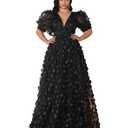 Women's Plus Size Puffy Sleeve V Neck A Line Floral Tulle Formal Maxi Dress Prom Evening Party Gowns Black XXL