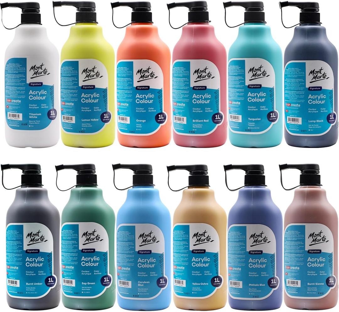 Mont Marte Signature Acrylic Color Paint Set, 33.8oz (1L), Semi-Matte Finish, 12 Colors, Suitable for Canvas, Wood, Fabric, Leather, Cardboard, Paper, MDF and Crafts, 33.81 Fl Oz