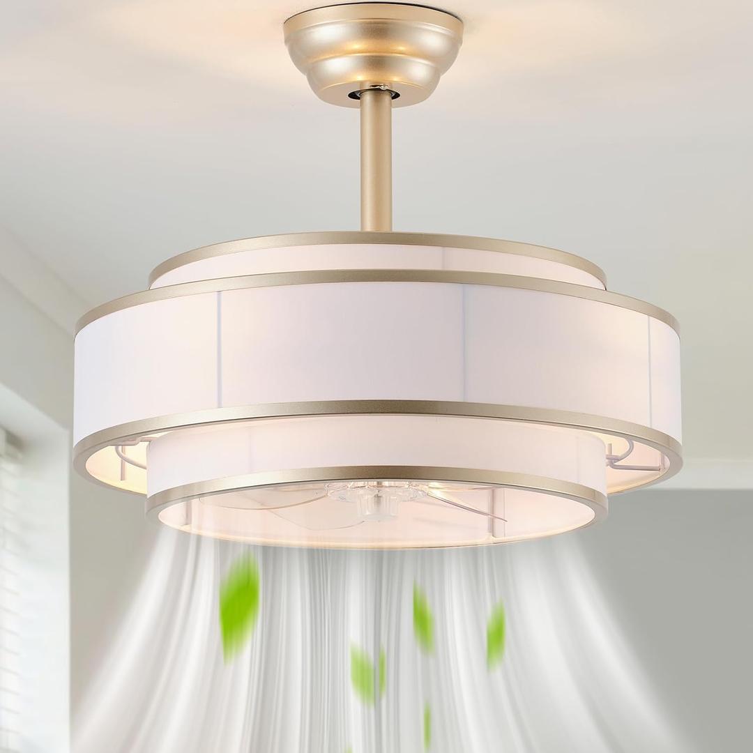 20" Caged Ceiling Fans with Lights and Remote, Fandelier Ceiling Fan with Light, Modern Bladeless Quiet Reversible Motor 6 Speeds for Bedroom, Nursery, Living Room, Gold
