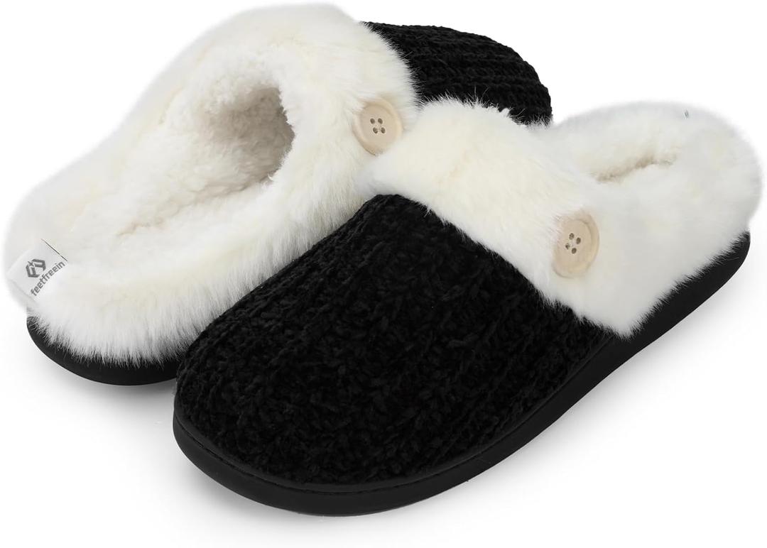 Womens Warm Knit House Slippers, Comfy Memory Foam Winter House Shoes, Soft Plush Slip-On Bedroom Slippers for Indoor and Outdoor (7-8, Black)