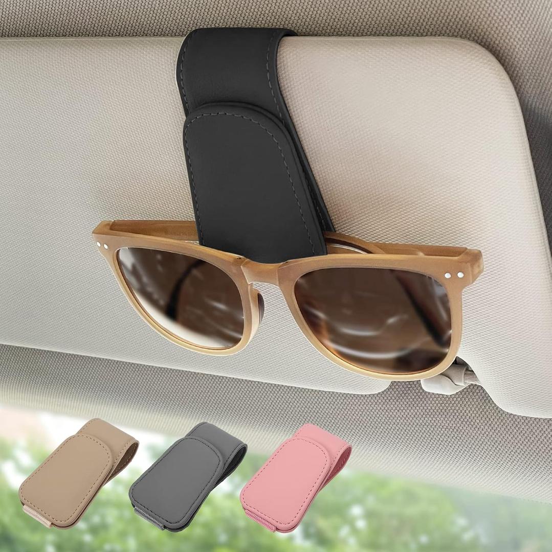 2 Pack Magnetic Leather Sunglass Holder, Eyeglass Hanger Clip for Car Sun Visor, Suitable for Different Size Eyeglasses(Black, 2 Pack)