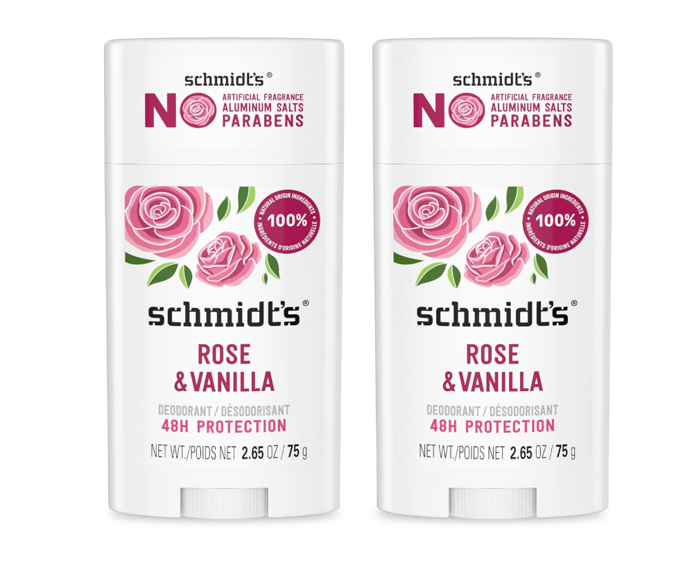Schmidt's AluminumFree Vegan Deodorant Rose & Vanilla with 24 Hour Odor Protection for Women and Men, Natural Ingredients, CrueltyFree, 2.65 oz