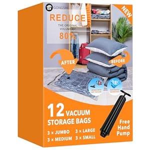 12 Pack Vacuum Storage Bags, Vacuum Seal Bags for Clothing, Comforters, Blankets, Space Saver Vacuum Storage Bags with Hand Pump. (3×Jumbo, 3×Large, 3×Medium, 3×Small)