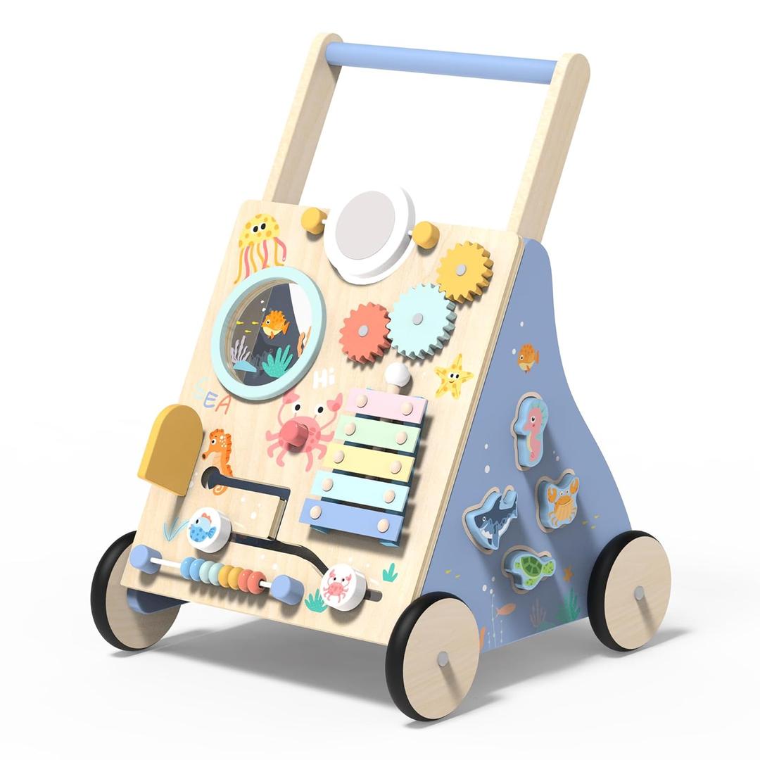 Wooden Baby Walker, Baby Push Walker with Montessori Toy for Girls Boys, Toddler Walking Toys for 18 Months of Age and Over Learning to Walk, Sit-to-Stand, Baby Activity Center for Kids Development