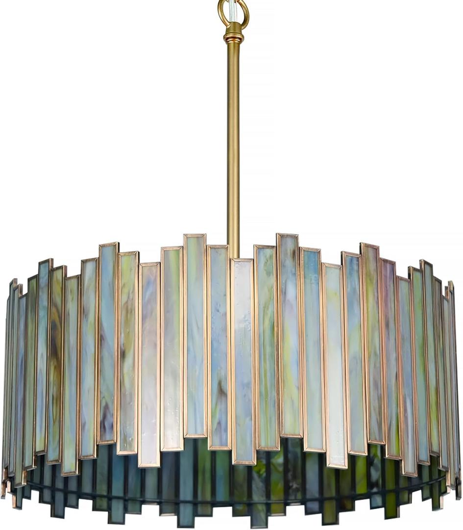 Drum Chandelier 4-Light, Brass Gold Tiffany Pendant Lighting Fixture with Stained Gradient Green Glass Shade, 16 Round Ceiling Hanging Lamp Kitchen Island Bedroom Dining Living Room