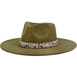 FLUFFY SENSE. Big Wide Brim Boho Western Hat for Women and Men - Felt Rancher Fedora Hat with 4 inches Flat Brim (Green, M)