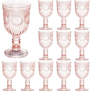 Pink 12 Pack Vintage Wine Glasses, Plastic Reusable 12 Ounce Colored Water Goblets, Unique Flower Embossed Pattern Unbreakable Stemmed Wine Glasses High Clear Wedding Party Bar Drinking Cups