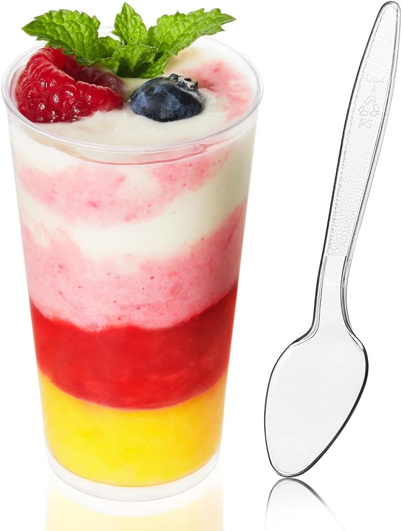 Zezzxu 50 Pack 3 oz Dessert Cups with Spoons, Mini Shooter Cups for Desserts, Small Plastic Shot Glasses for Serving Appetizers Cheesecake Puddings Mousse