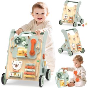 Wooden Baby Walker, Adjustable Speed Baby Push Walker for 1 Year Old, 10-in-1 Montessori Walker for Boys & Girls, Toddler Sit-to-Stand Learning Toy with Detachable Busy Board