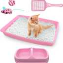 PAWISE Cat Litter Box Set, Small Kitten Starter Kit, Includes Litter Box, Litter Scoop, Double Dish Feeding Bowl, Cat Mouse Toy, Kitty Ball Toy, Pink