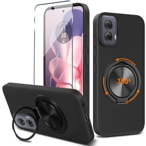 Compatible for Motorola Moto G Power 5G 2024 Phone Case with Glass Screen Protector, 360 Rotatable Ring Holder Kickstand Silicone Shockproof Protective Cover Case for Moto G Power 5G 2024 - Black